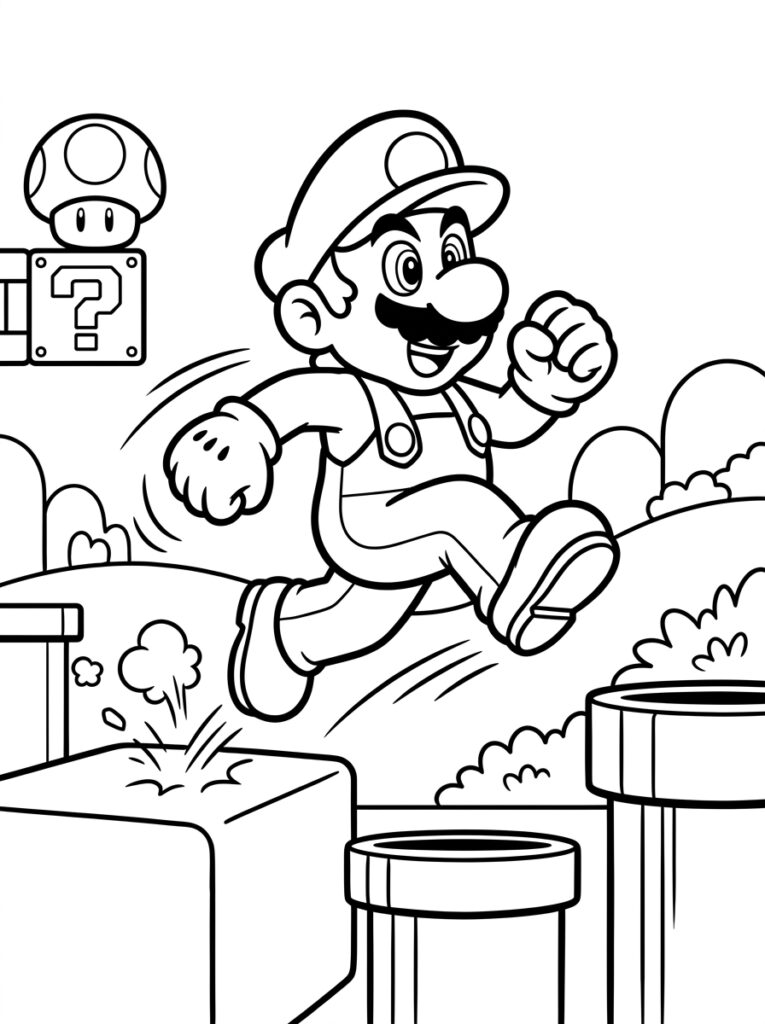 Mario springt over buizen bij paddenstoel