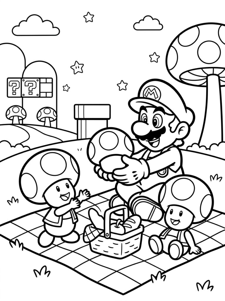 Mario geeft paddenstoel aan twee Toads