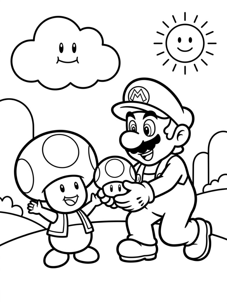 Mario en Toad onder lachende zon