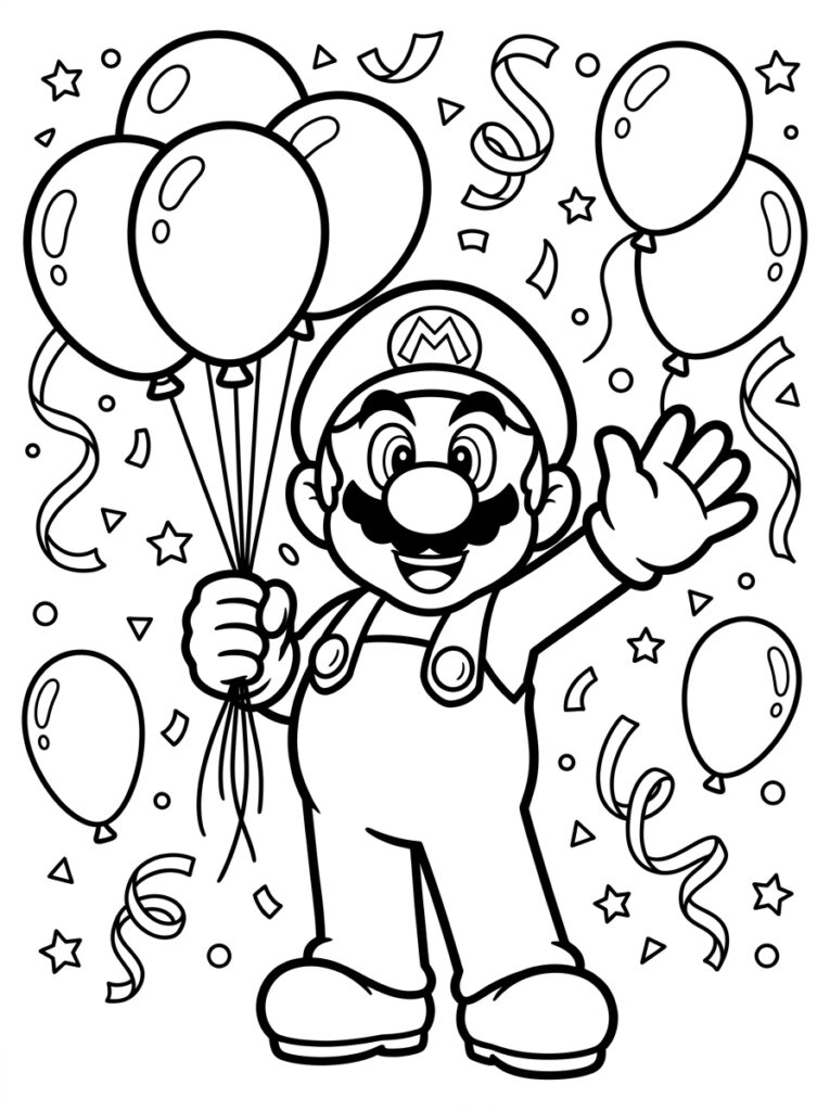 Mario zwaait terwijl hij ballonnen vasthoudt