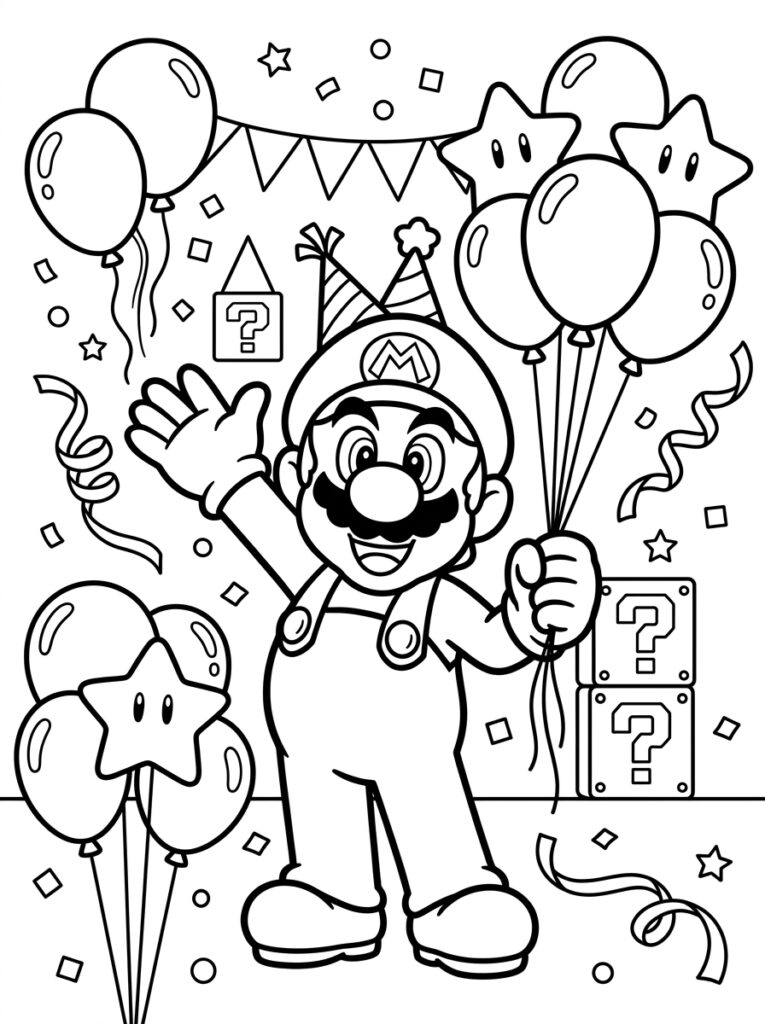 Mario met feestmuts houdt bos ballonnen vast
