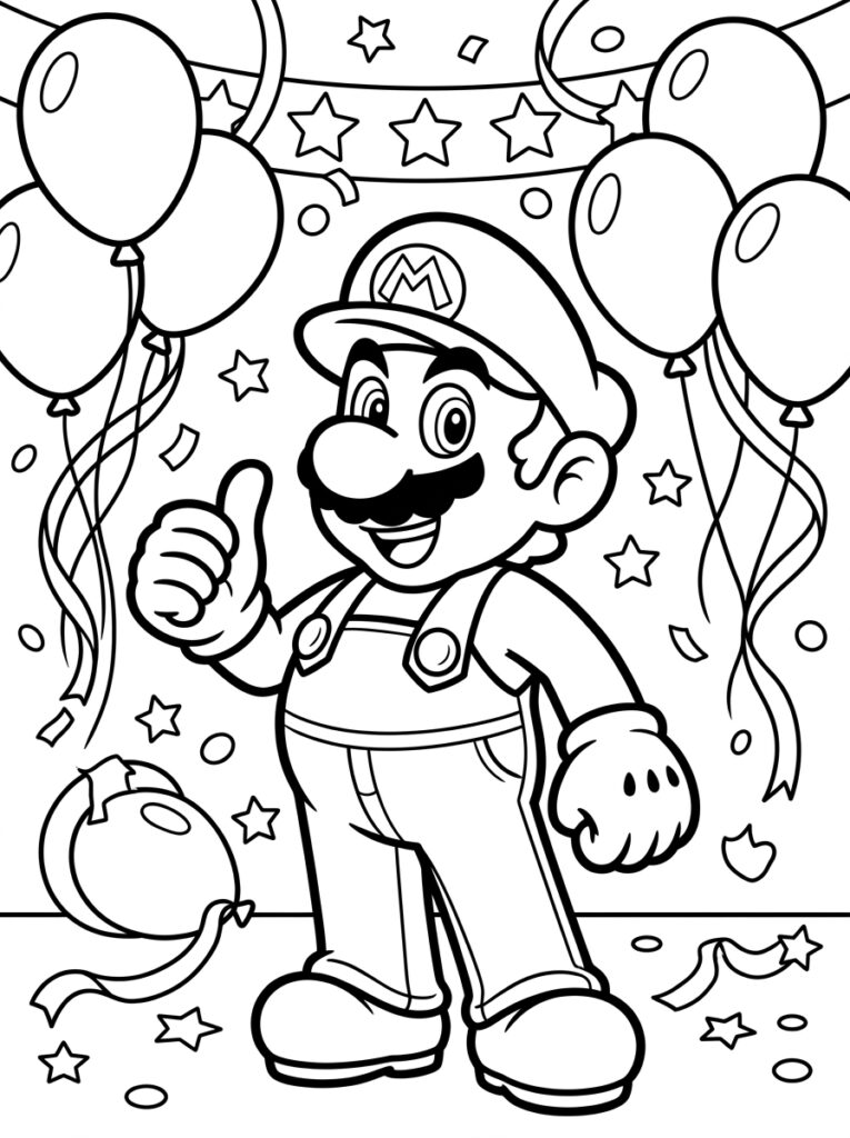 Mario steekt duim omhoog tussen ballonnen