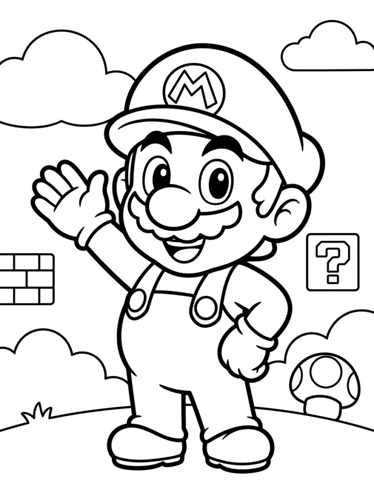 Super Mario bij vraagtekenblok paddenstoel en wolken
