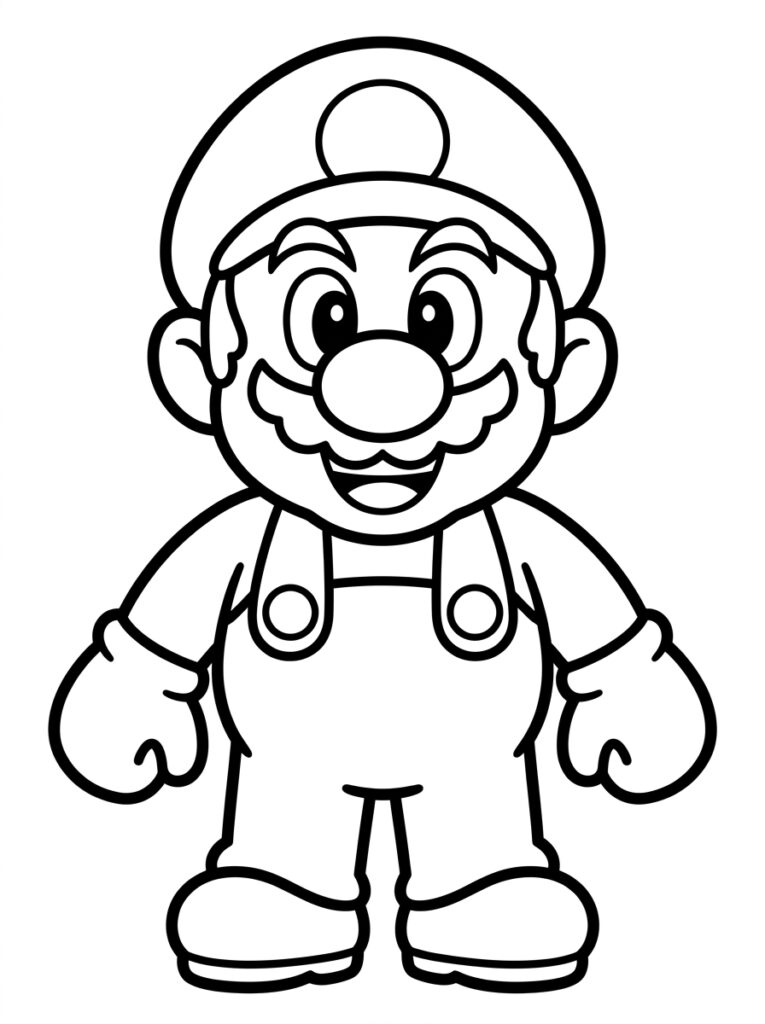Super Mario lacht met armen langs lichaam