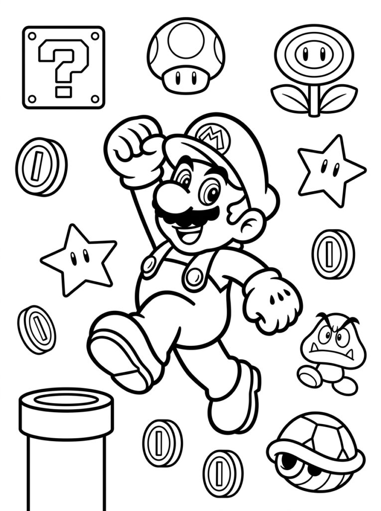 Super Mario springt tussen munten ster en schildpad