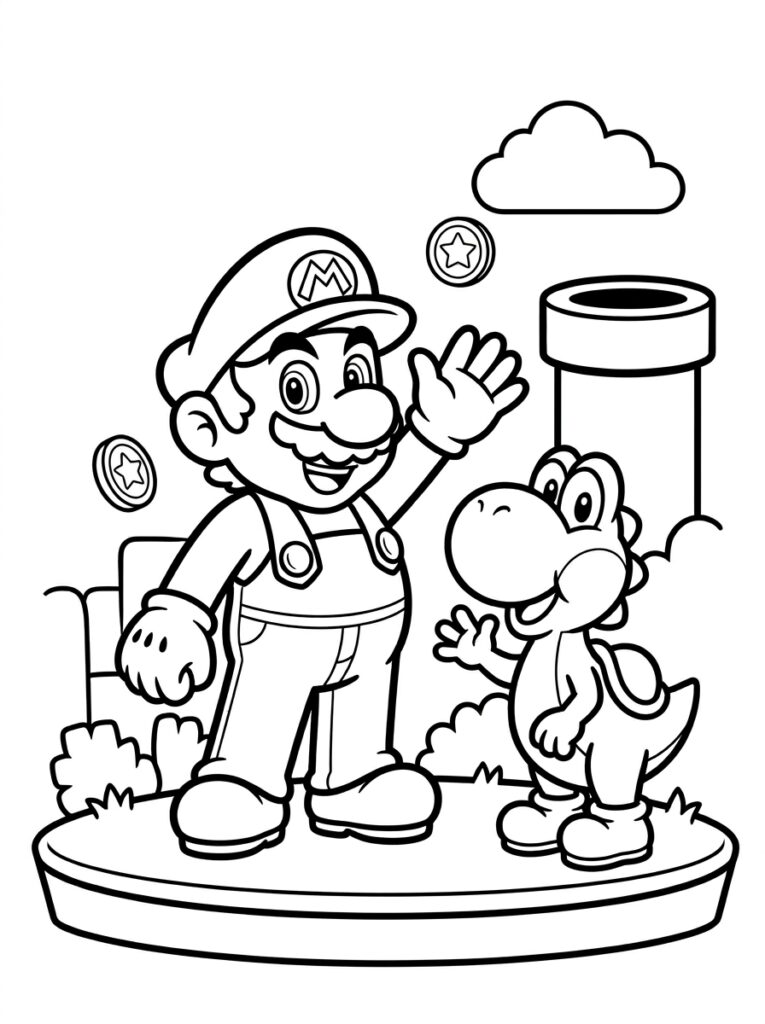 Mario en Yoshi zwaaien bij munten en buis