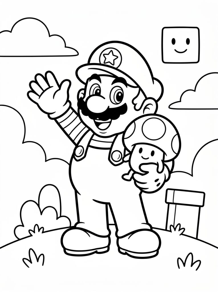 Mario zwaait met Toad in zijn hand