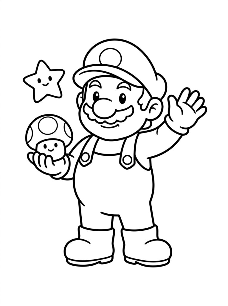 Mario zwaait met Toad en ster