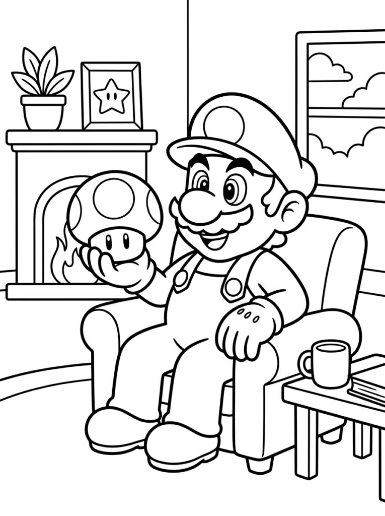Mario zit in stoel en houdt Toad vast