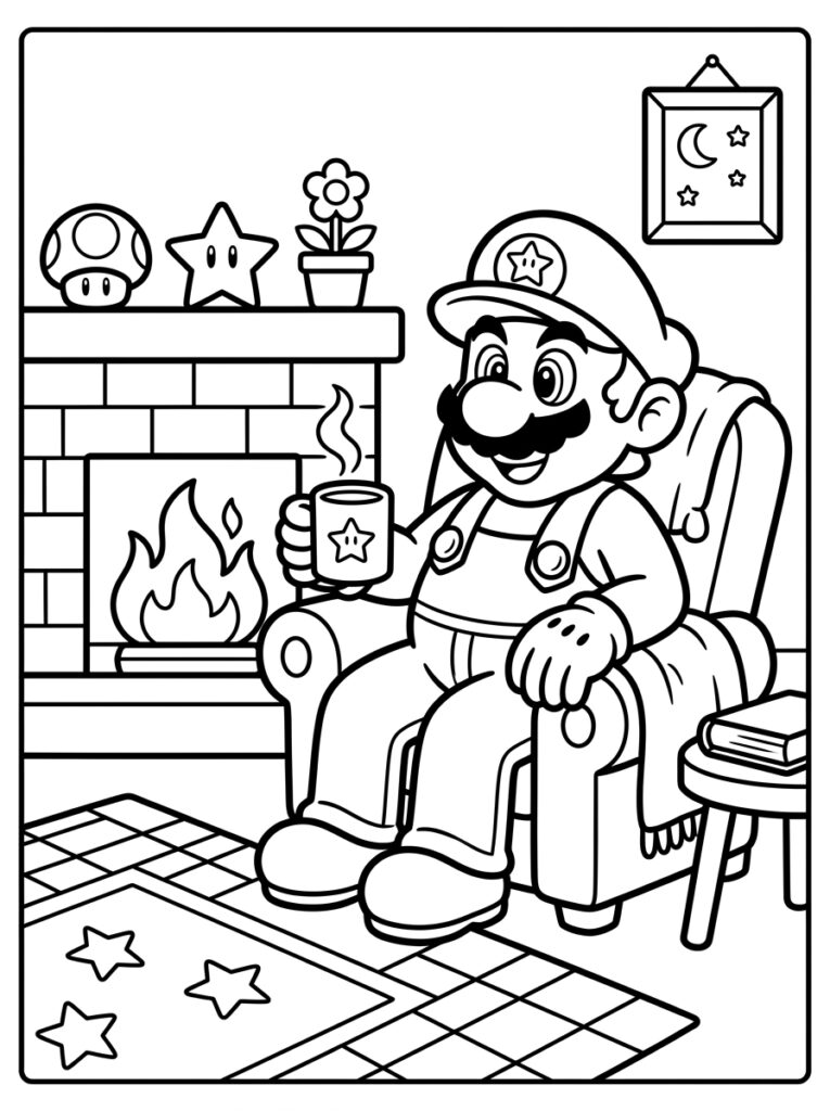 Mario zit met mok bij brandende haard