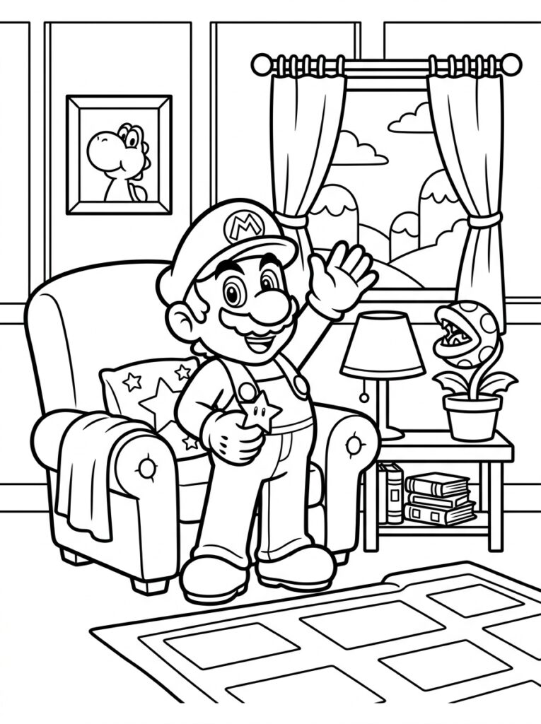 Mario zwaait met ster naast piranha plant