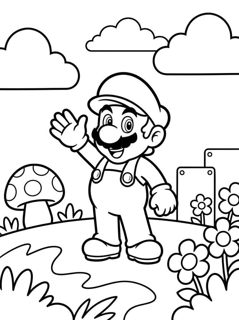 Mario zwaait bij grote paddenstoel en bloemen