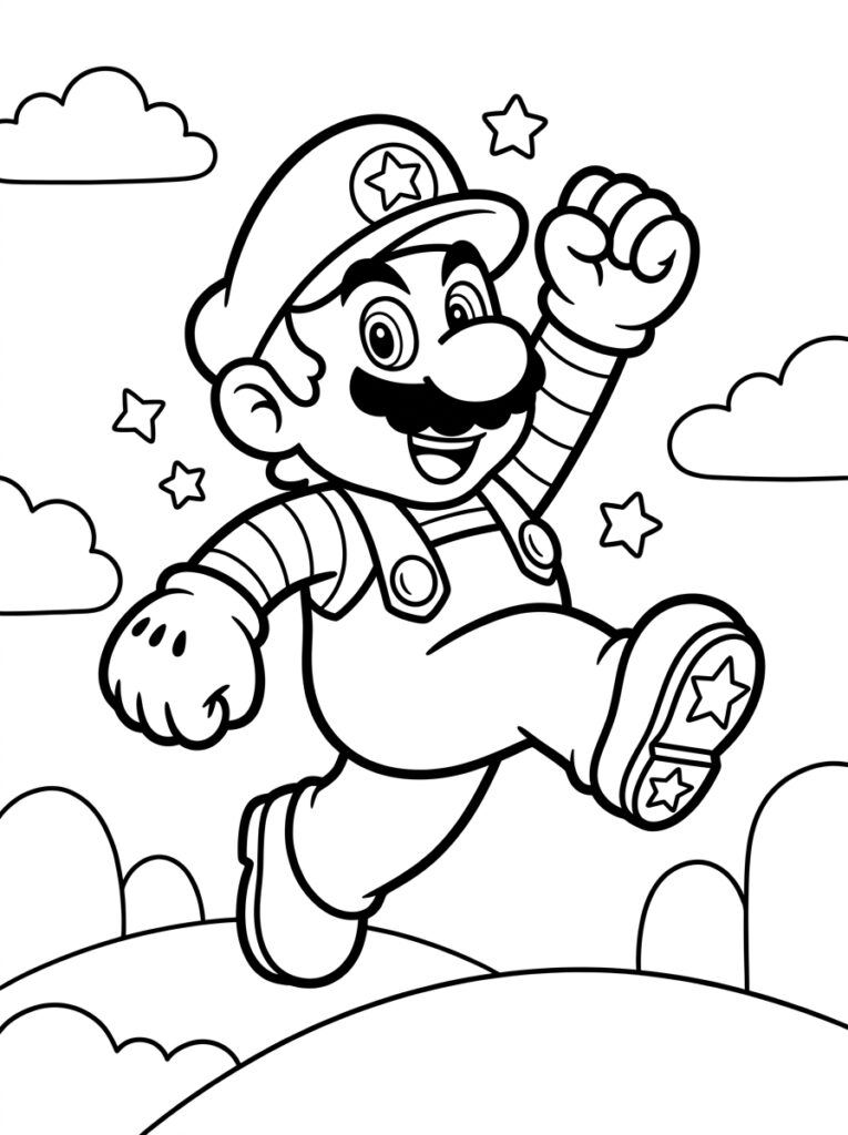 Mario springt met vuist omhoog tussen sterren