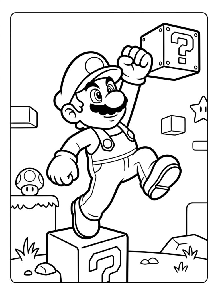 Mario stompt vraagtekenblok op stenen platform