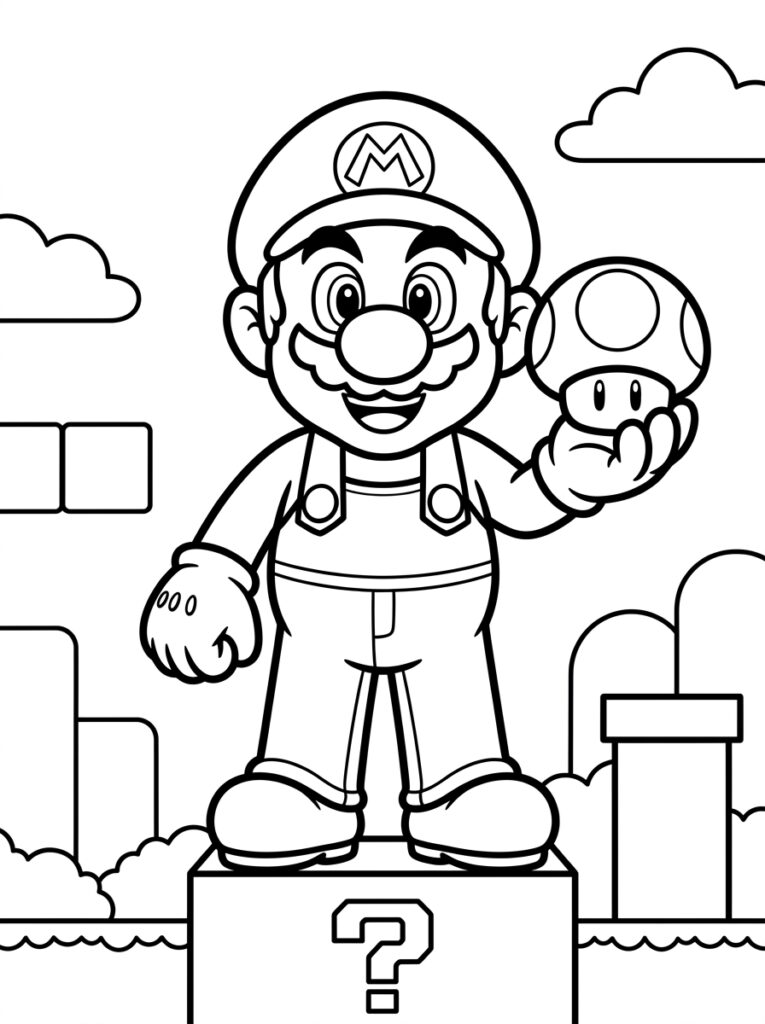 Mario op vraagtekenblok houdt paddenstoel vast