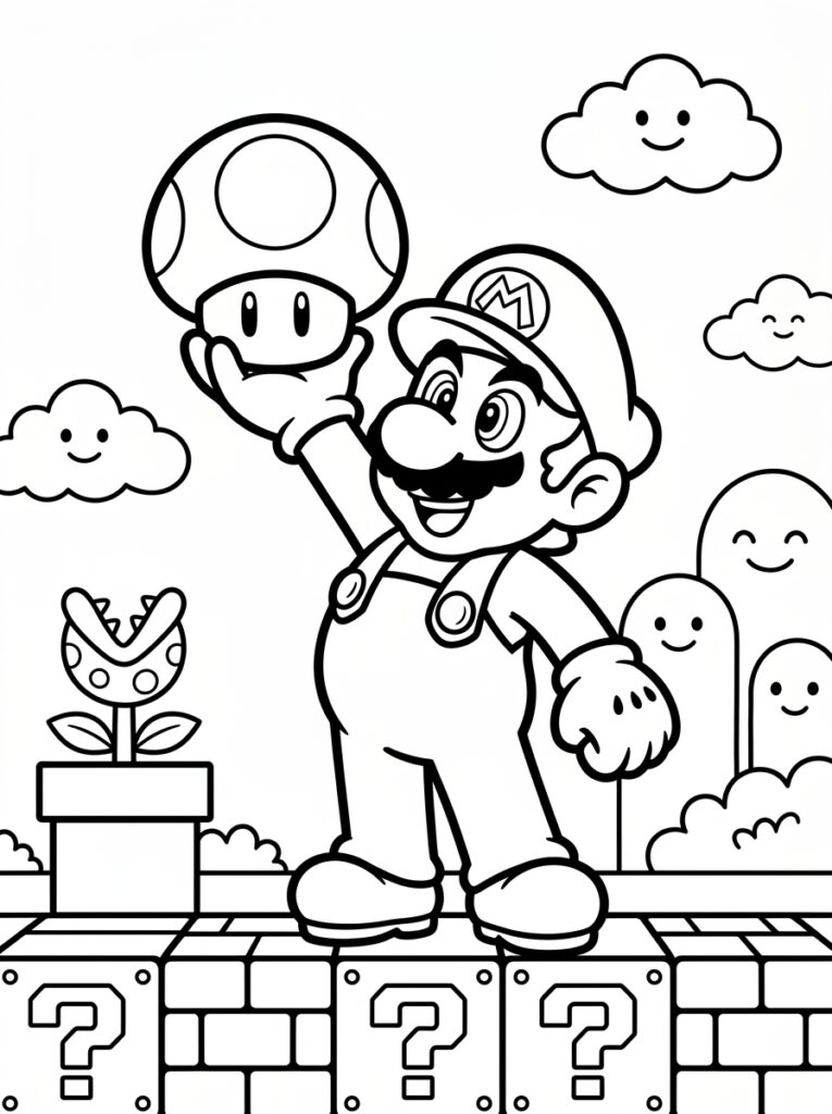 Mario met paddenstoel bij piranha plant en vraagblokken