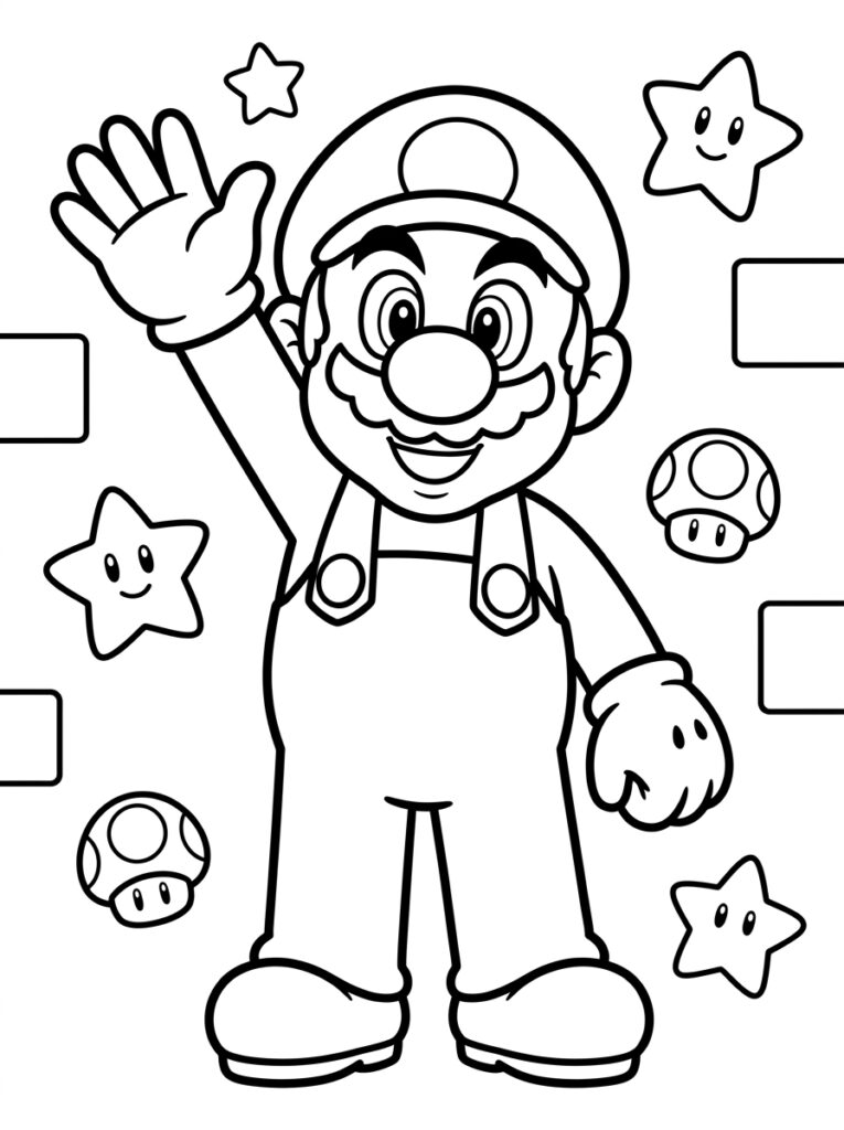 Super Mario zwaait omringd door sterren en paddenstoelen