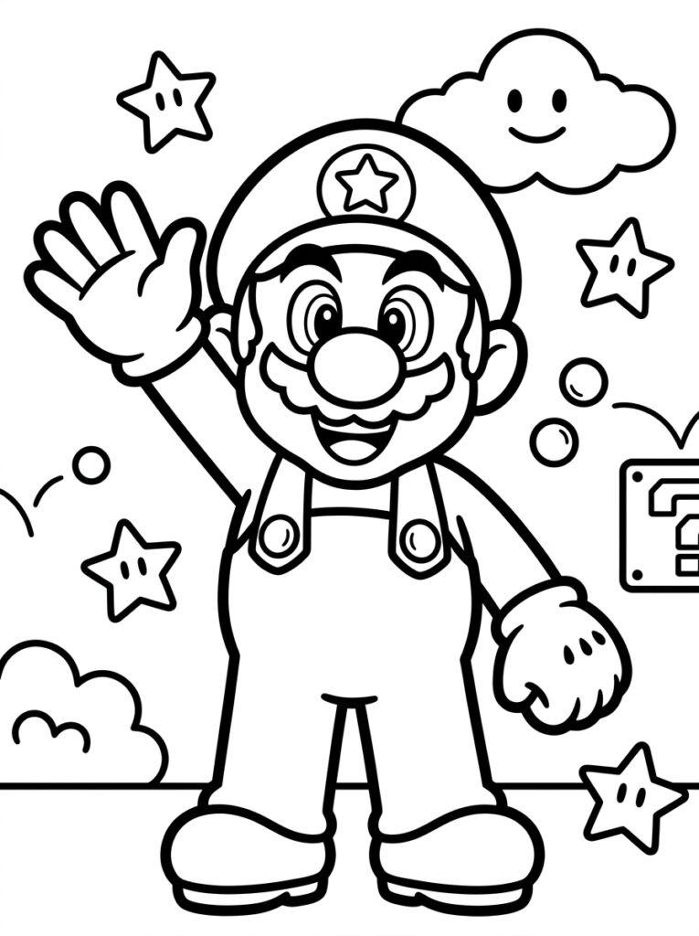 Super Mario zwaait naast lachende wolk en vraagtekenblok