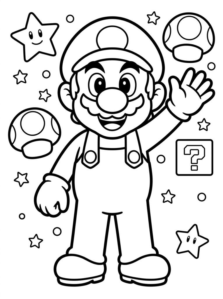 Super Mario zwaait tussen sterren paddenstoelen en vraagtekenblok