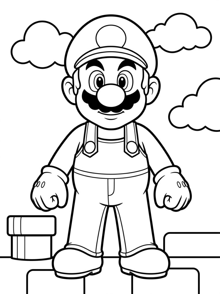 Super Mario staat op bakstenen blokken met wolken