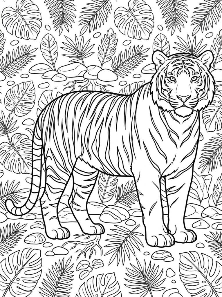 Kleurplaat van een tijger staand tussen tropische bladeren en stenen