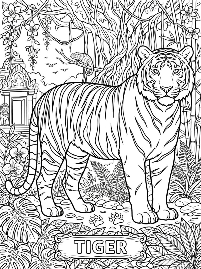 Kleurplaat van een tijger in een jungle met tempel, kameleon, bamboe en TIGER bord