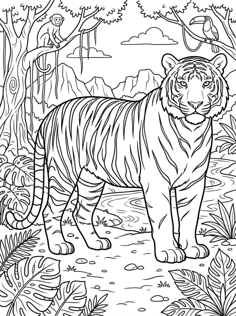 Kleurplaat van een tijger in een jungle met aap in boom, toekan, rivier en bergen