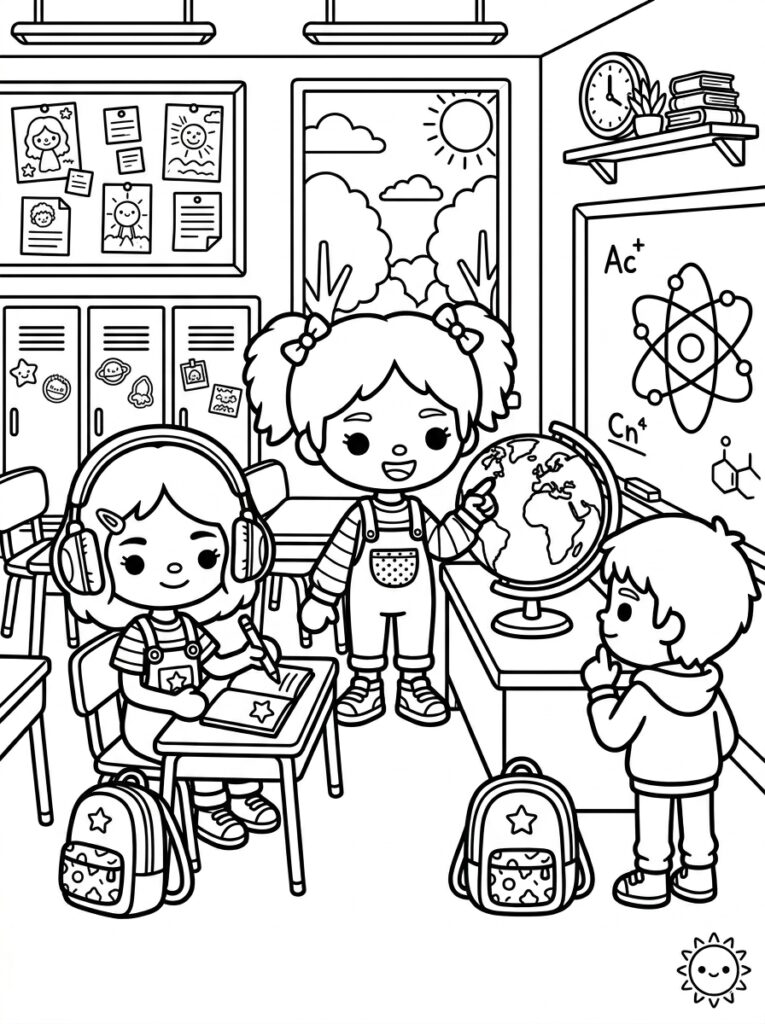 Meisje wijst naar globe in klaslokaal met kinderen