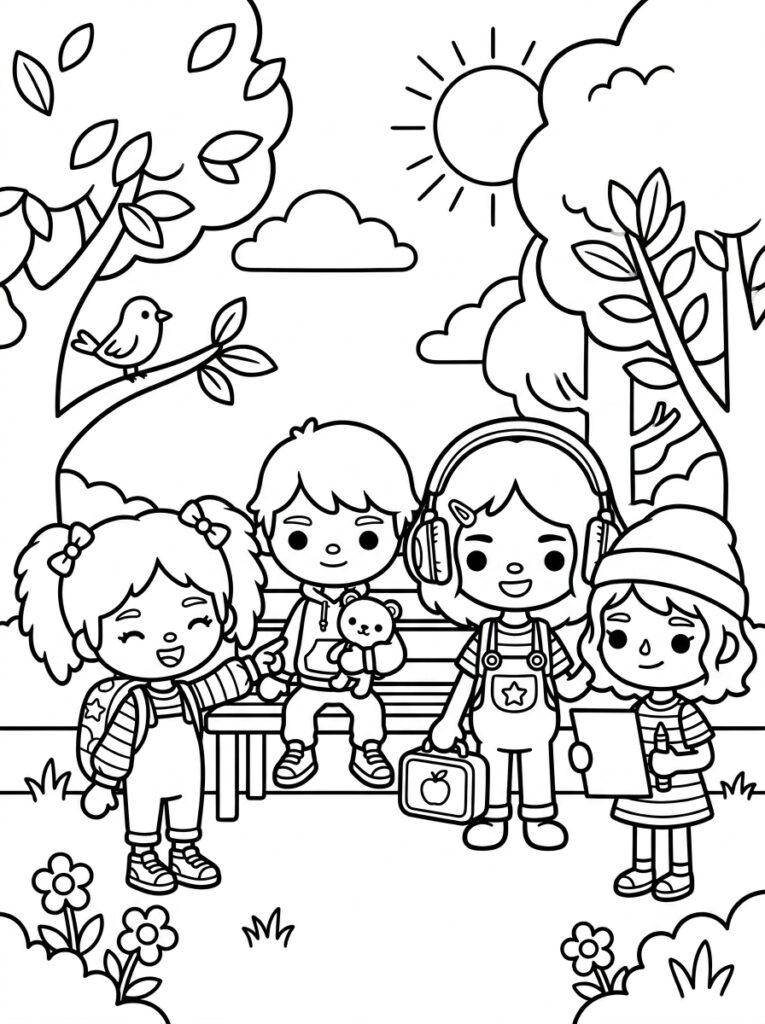 Vier kinderen met koptelefoon en teddybeer in park