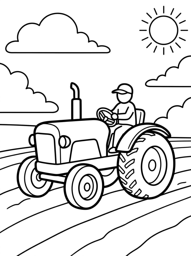 Kleurplaat van een tractor met boer achter stuur op akker onder zon met wolken