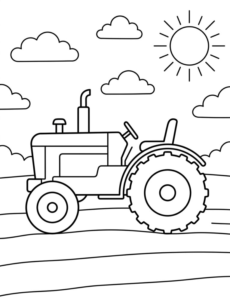 Kleurplaat van een tractor op veld met zon en wolken