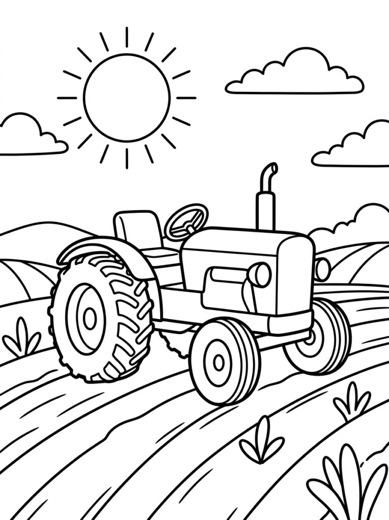 Kleurplaat van een tractor op landweg met zon planten en wolken