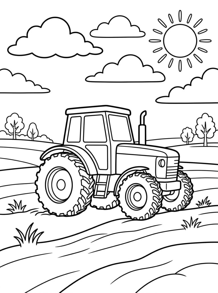 Kleurplaat van een tractor met cabine op golvend veld met bomen en zon
