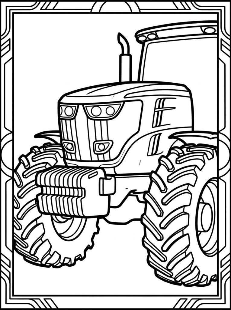 Kleurplaat van een tractor met grote wielen en grille in sierlijke lijst