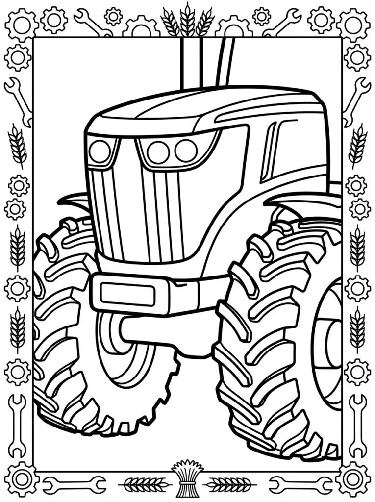 Kleurplaat van een tractor omringd door tandwielen sleutels en tarwe
