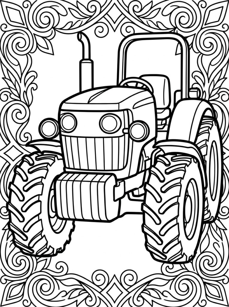 Kleurplaat van een tractor in lijst met florale krullen en bladeren