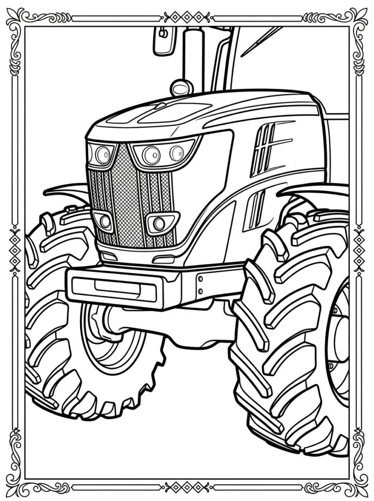 Kleurplaat van een tractor met grote wielen in sierlijst met patronen