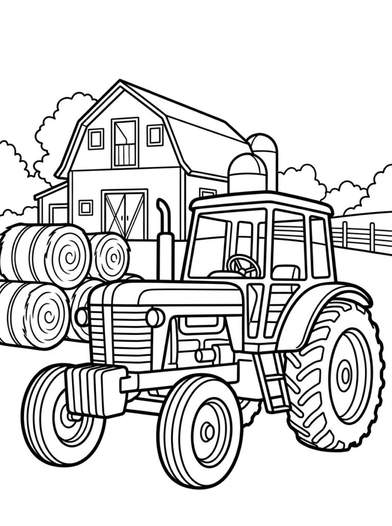 Kleurplaat van een tractor met hooibalen voor boerenschuur en silo