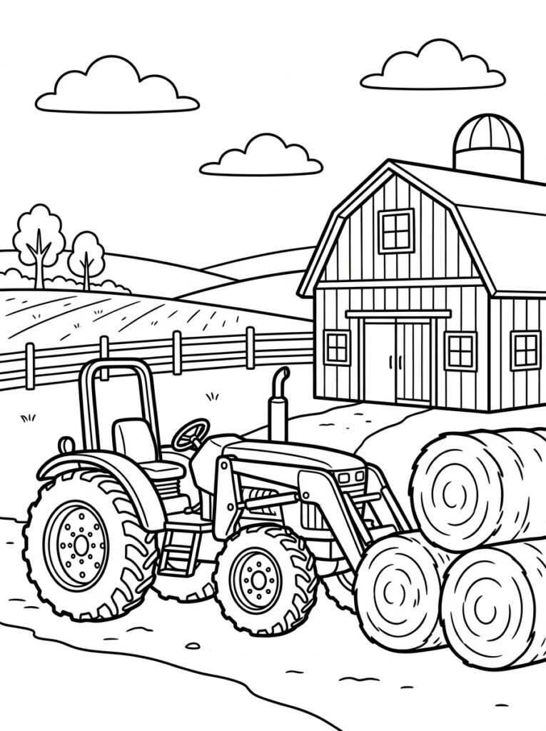 Kleurplaat van een tractor met voorlader naast schuur hooibalen en hekken