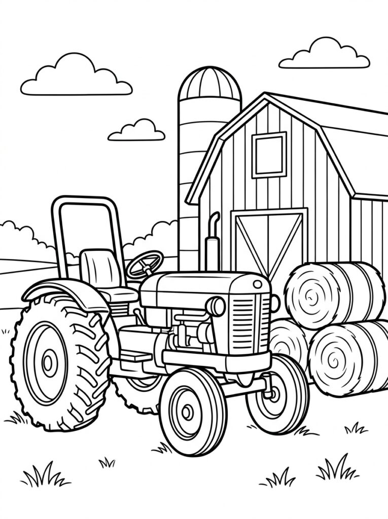 Kleurplaat van een tractor met hooibalen voor schuur met silo en wolken