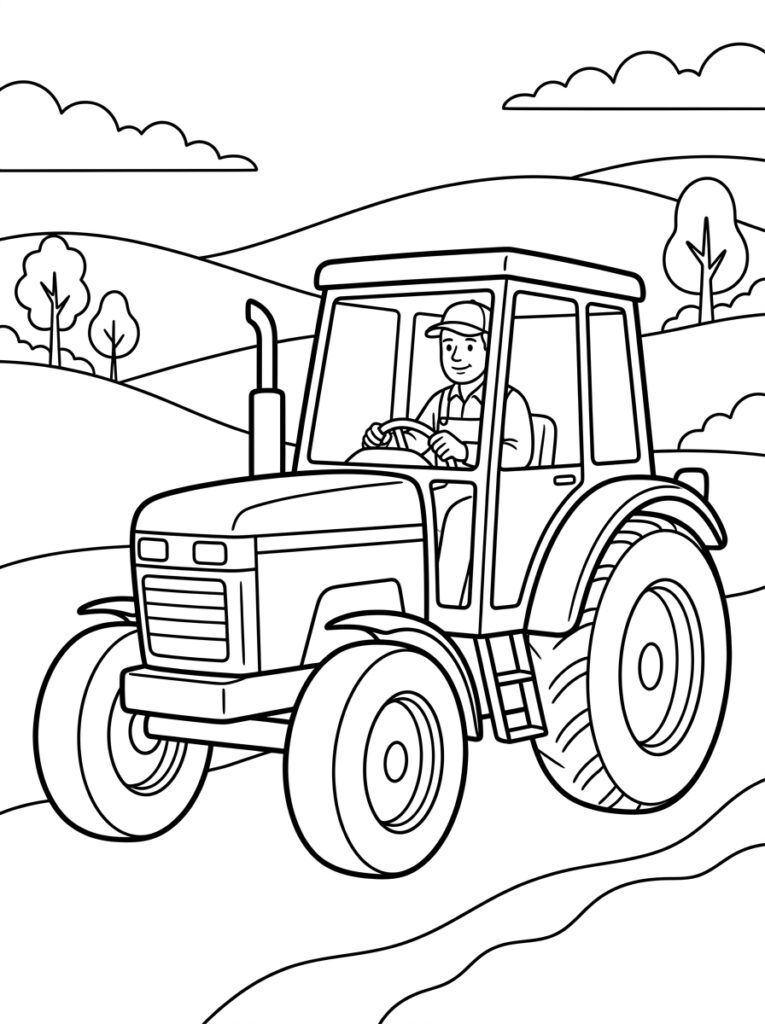 Kleurplaat van een boer met pet achter stuur van tractor in heuvelachtig landschap
