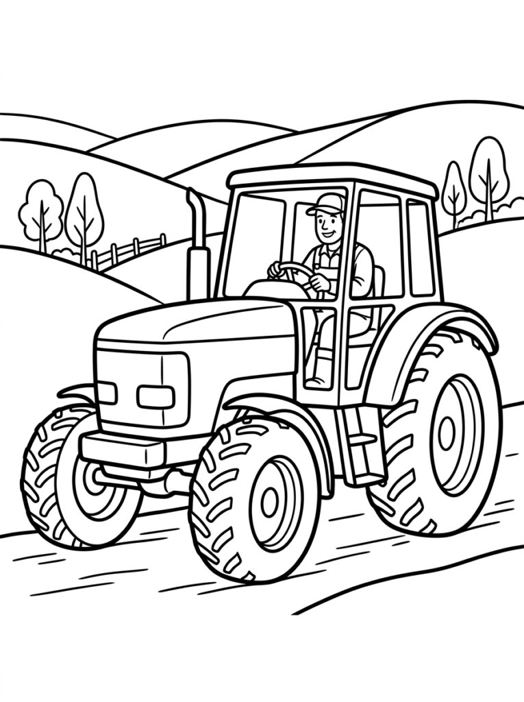 Kleurplaat van een boer in overall besturend tractor op landweg met heuvels