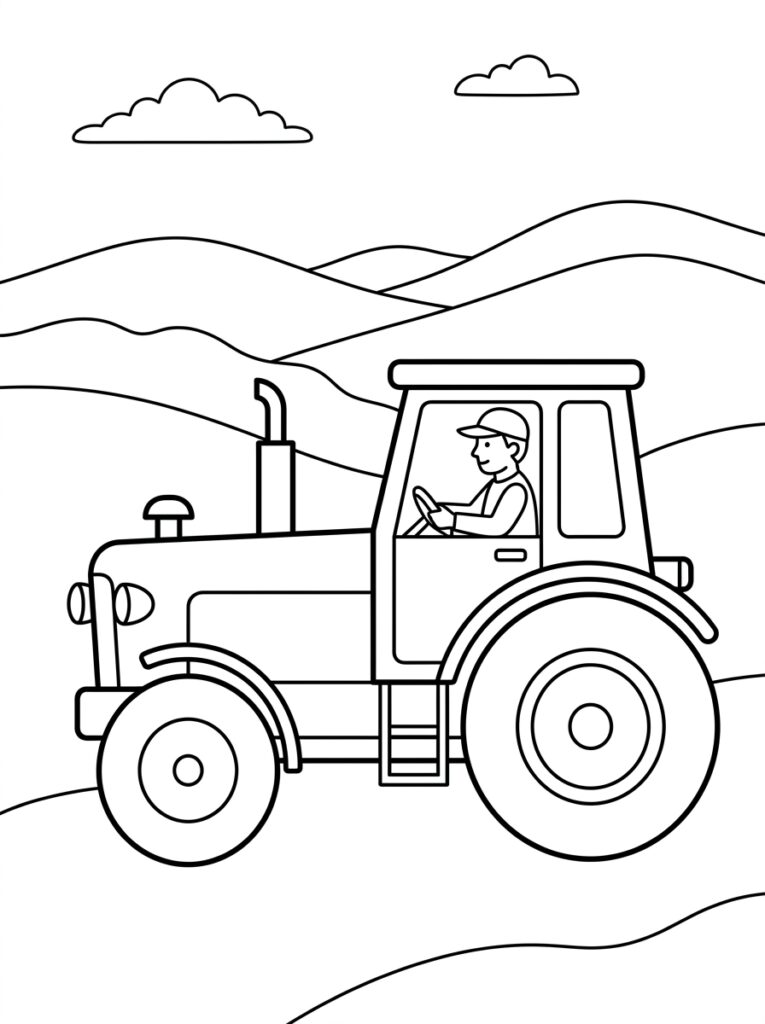 Kleurplaat van een tractor met boer aan het stuur in golvend landschap met wolken