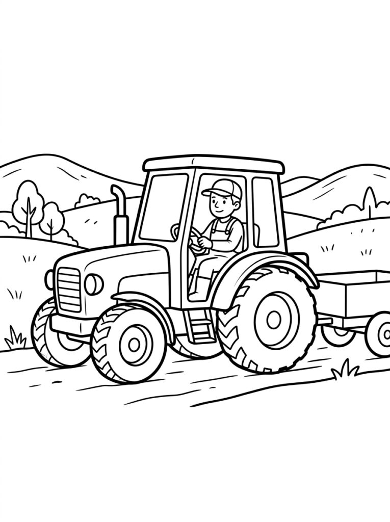 Kleurplaat van een tractor met boer trekkend een aanhanger op landweg
