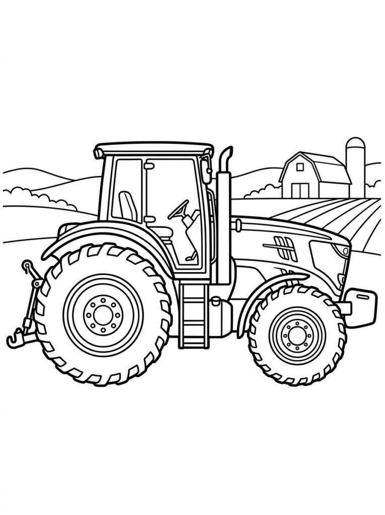 Kleurplaat van een moderne tractor met cabine voor boerderij met akkers en schuur
