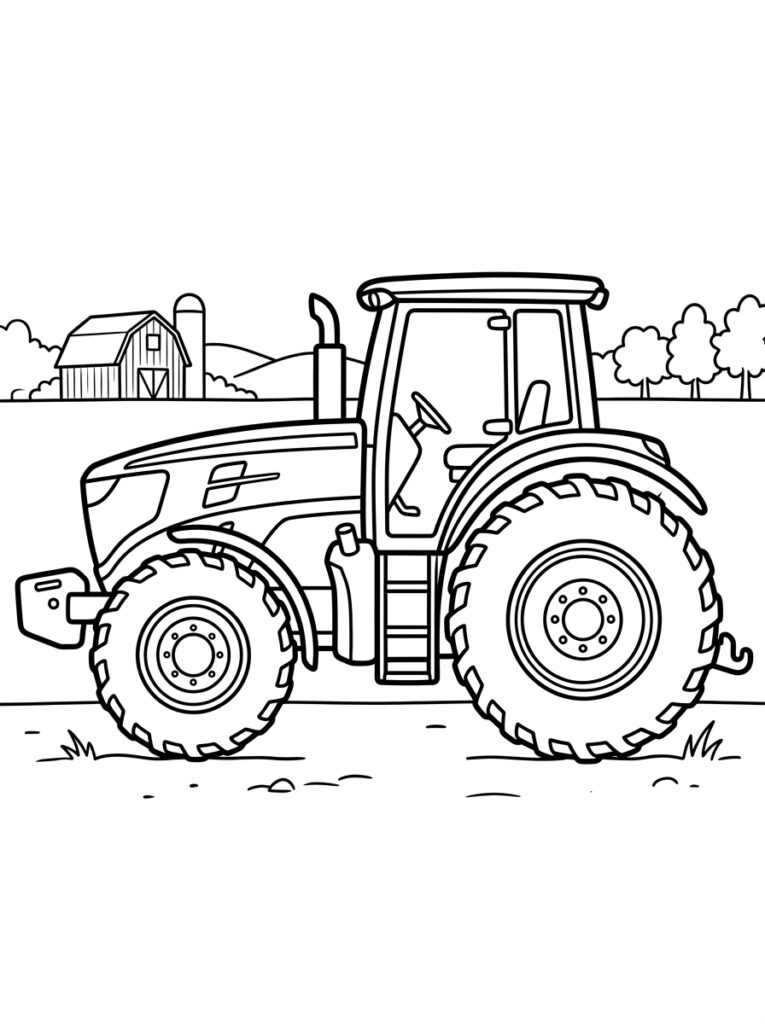 Kleurplaat van een tractor op veld met boerderij silo en bomen op achtergrond