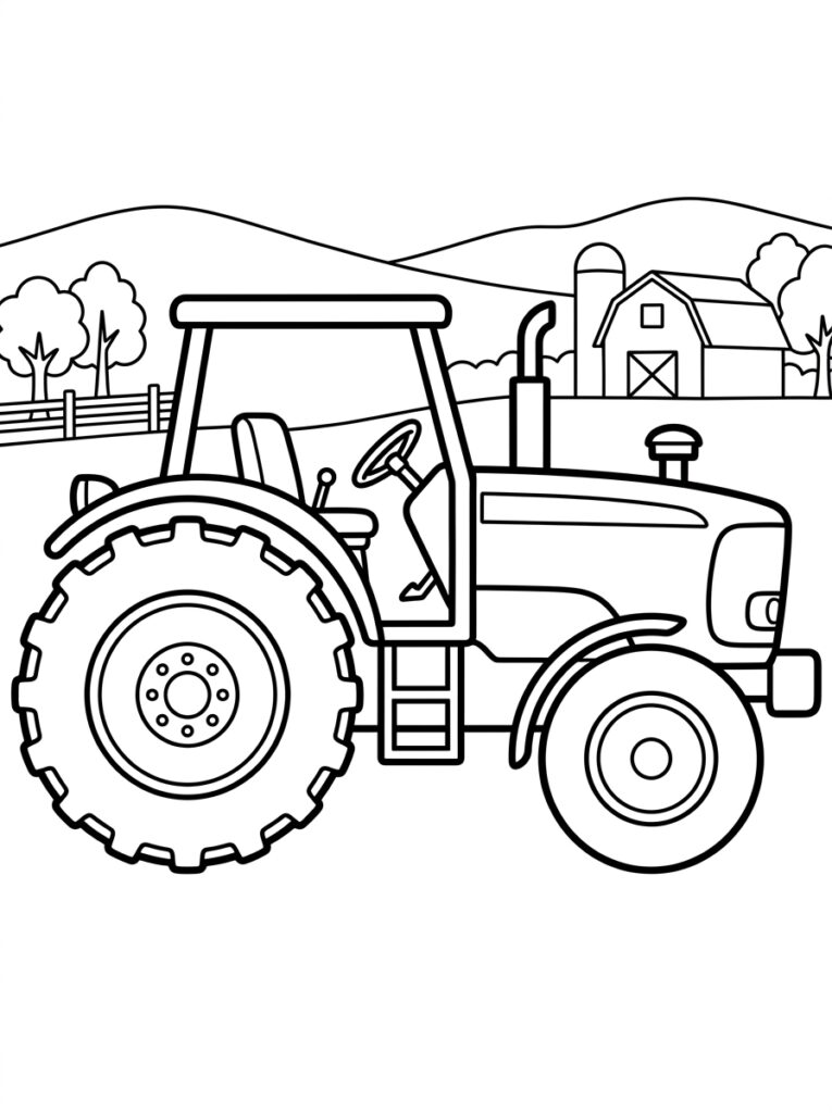 Kleurplaat van een tractor met grote wielen in landschap met boerderij en bomen