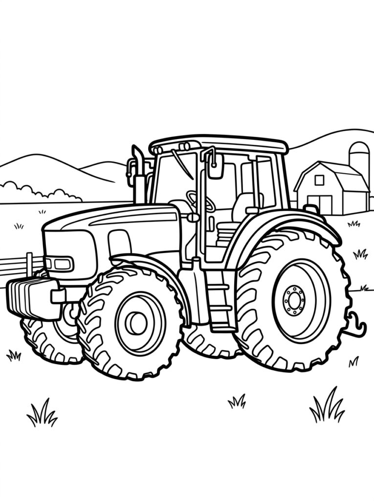 Kleurplaat van een tractor met grote banden op akker bij boerderij en heuvels