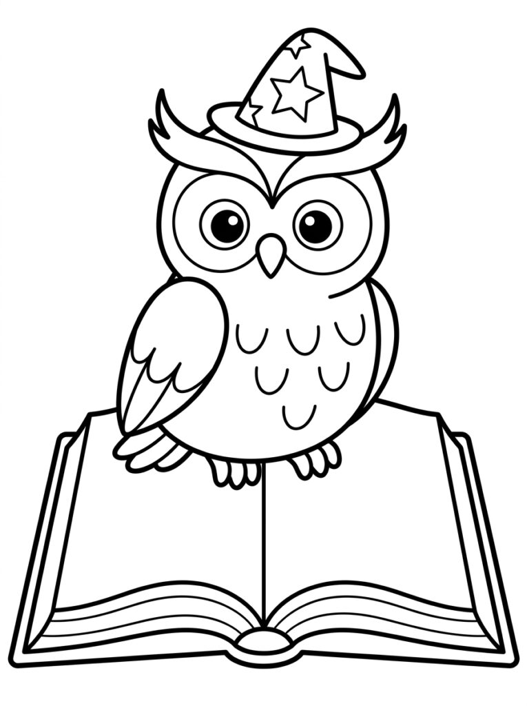 Uil met sterrenhoed op open boek