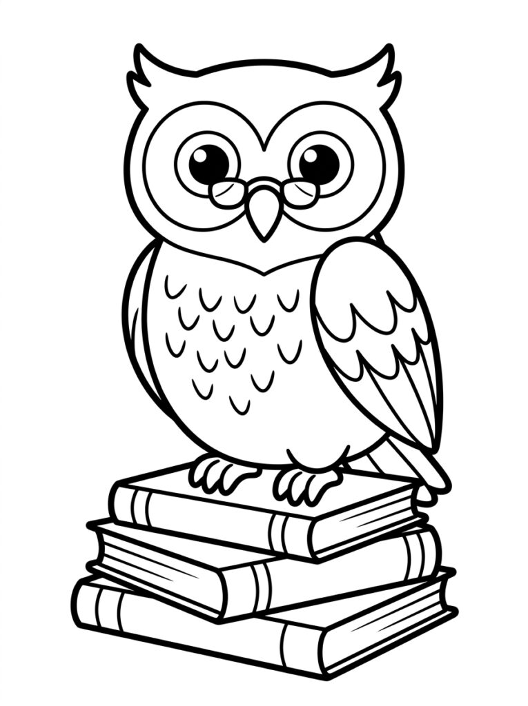 Uil met bril op stapel boeken